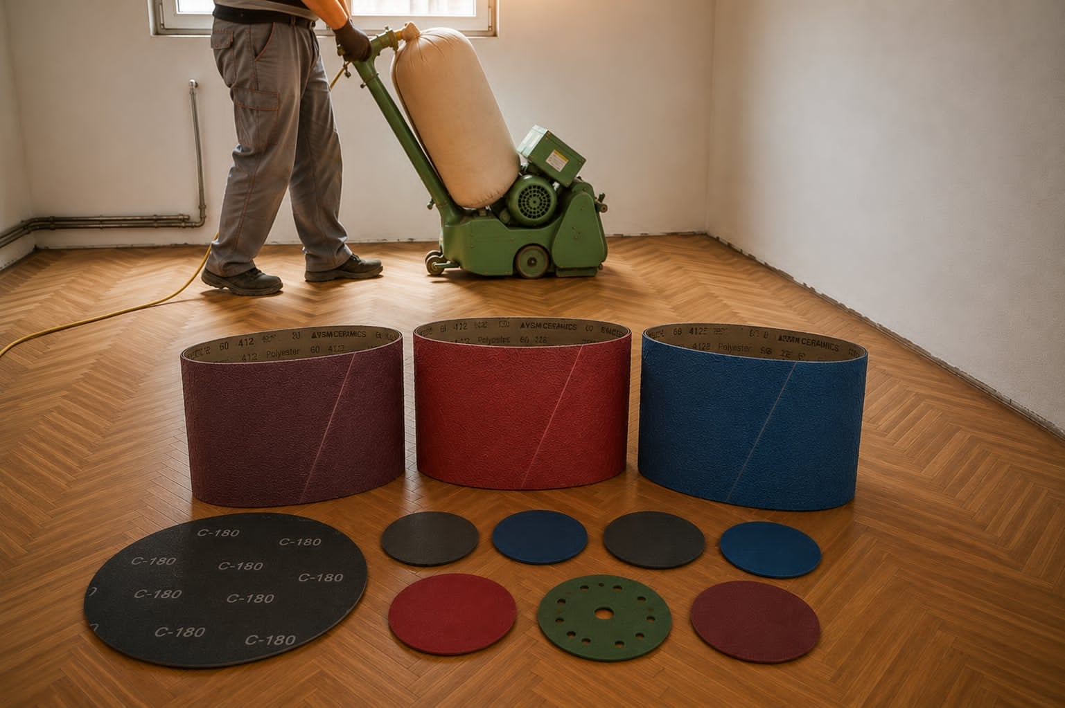 Værksted med slibematerialer til gulvslibning